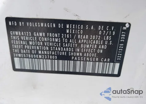 2019 Volkswagen Jetta 1.4T Sel z USA, uszkodzony, nr VIN 3VWE57BU9KM237809